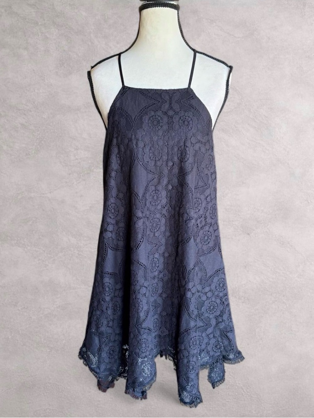 Alya Black Lace High Neck Handkerchief‎ Hem Dress - Small